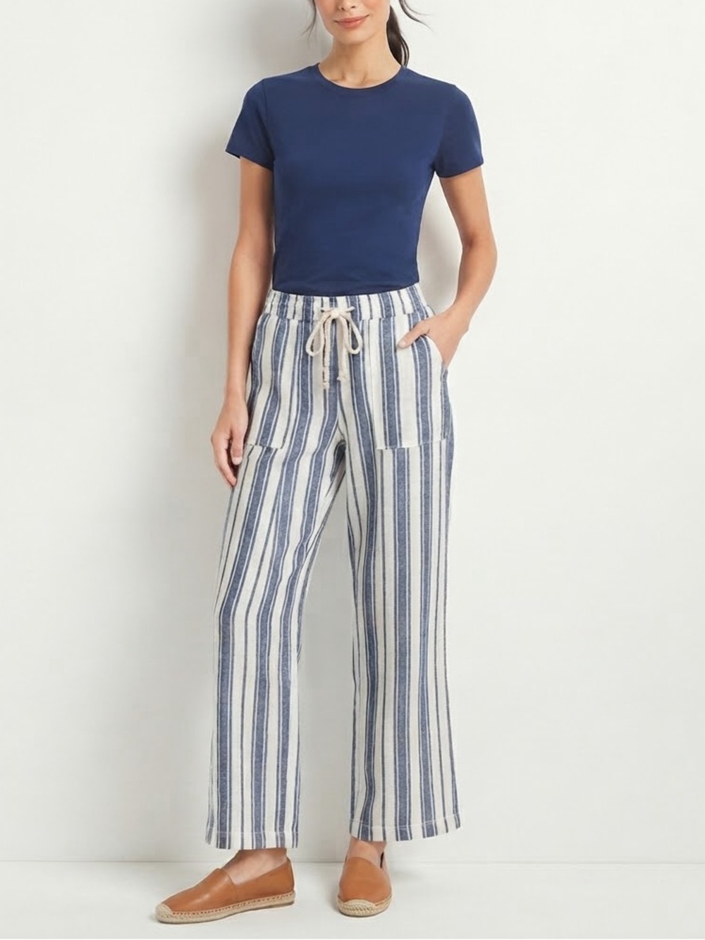 ✨ Sonoma Striped Linen Blend Wide Leg Drawstring Pants Nautical Blue White ❤️